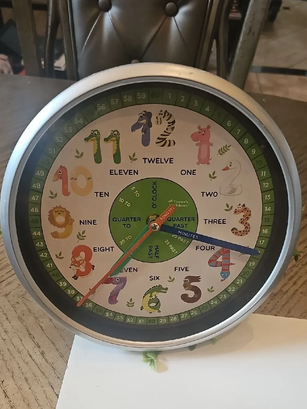 Kids Learning Wall Clock - Colorful Animal Numbers (Green, Blue, Orange)